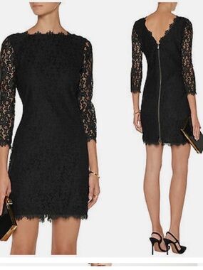 Diane Von Furstenberg Black Lace Long Sleeve Dress size 10